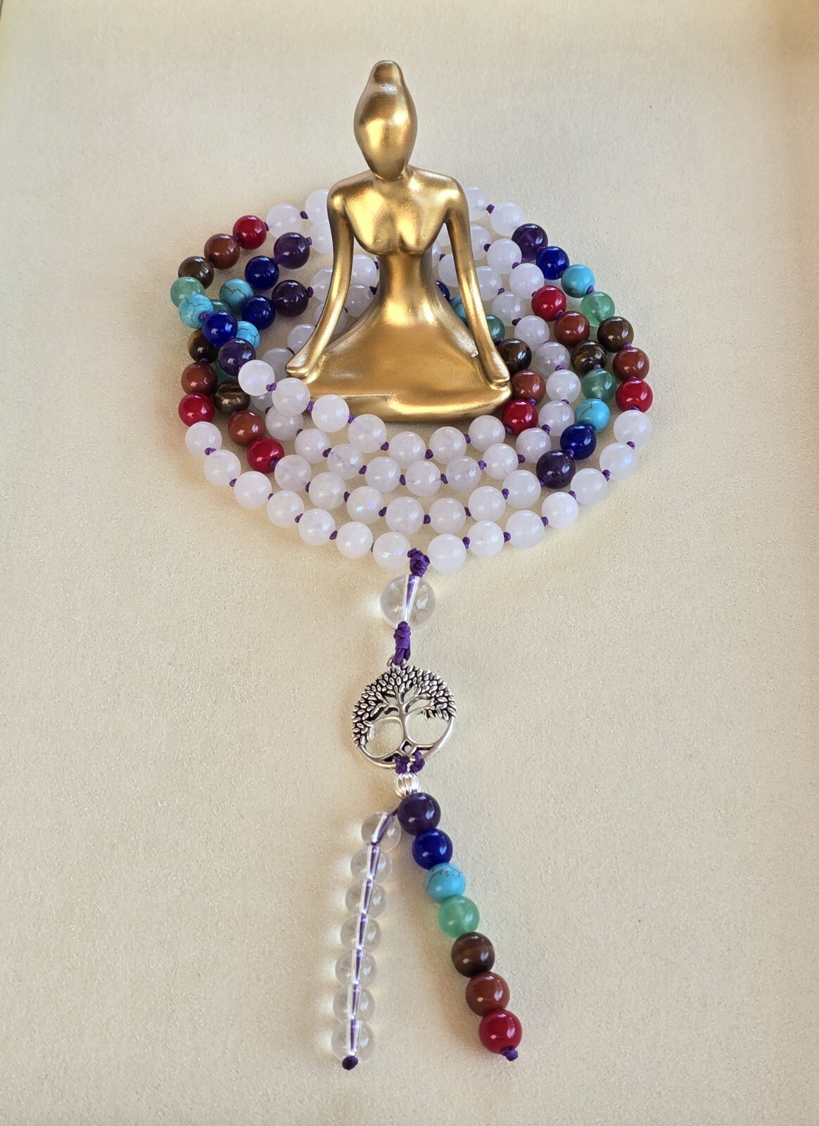**Harmonious Balance: Handmade 8mm Moonstone and 7 Chakras 108 Beads Necklace.