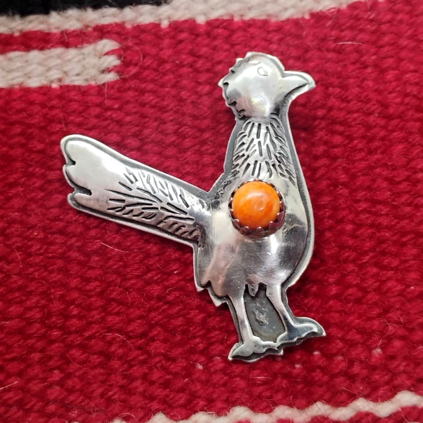 Roadrunner or Chicken Pendant Sterling Silver w/Orange Spiny Oyster Shell 1.5″
