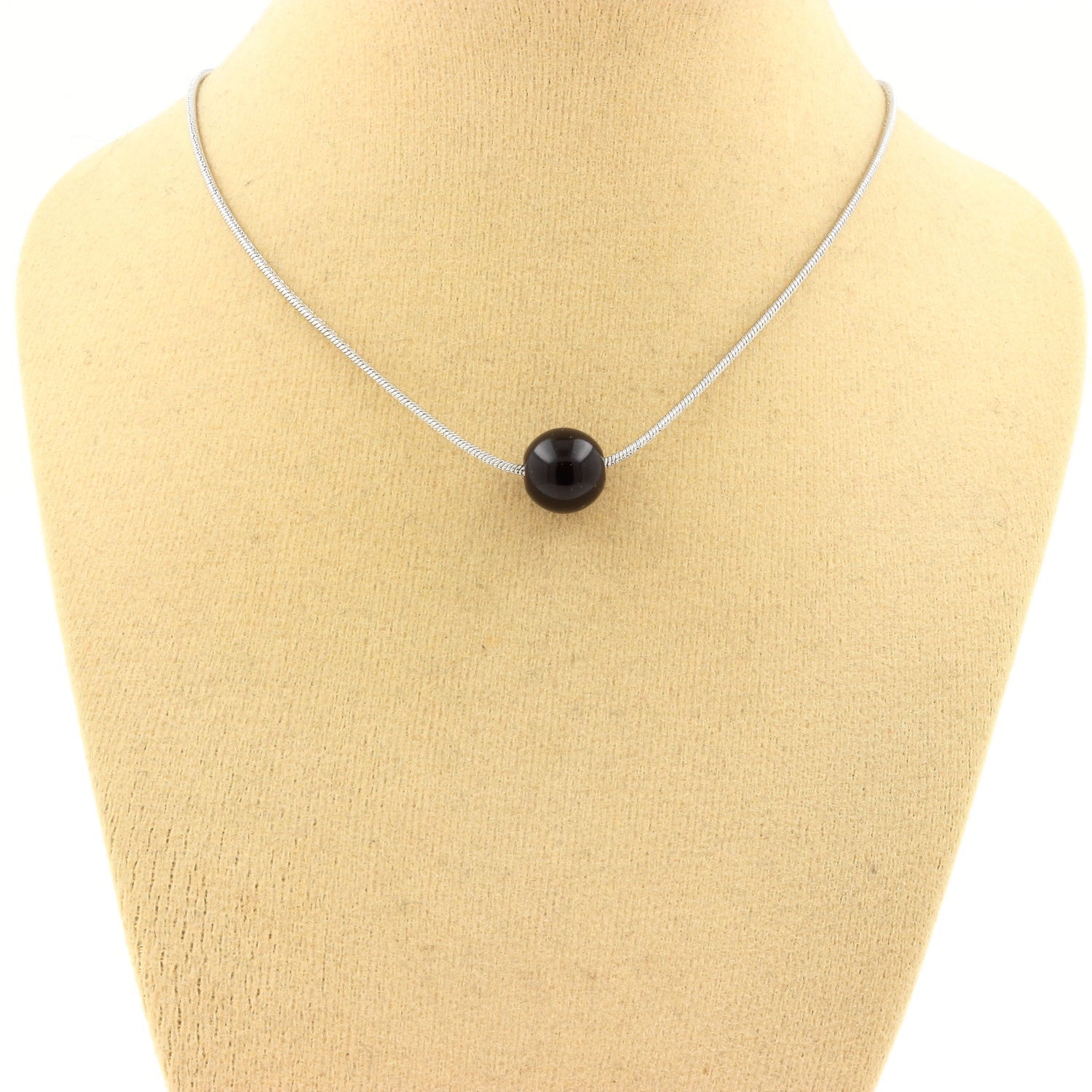 Necklace 1 Black Agate Pearl 8 Mm. Stainless Steel Chain. Women’s Necklace, H