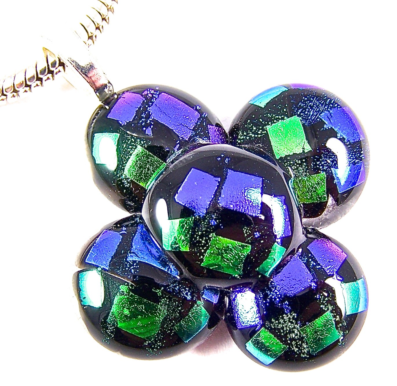 DICHROIC Glass PENDANT Silver Blue Green Purple Black Polka Dot Clover Flower