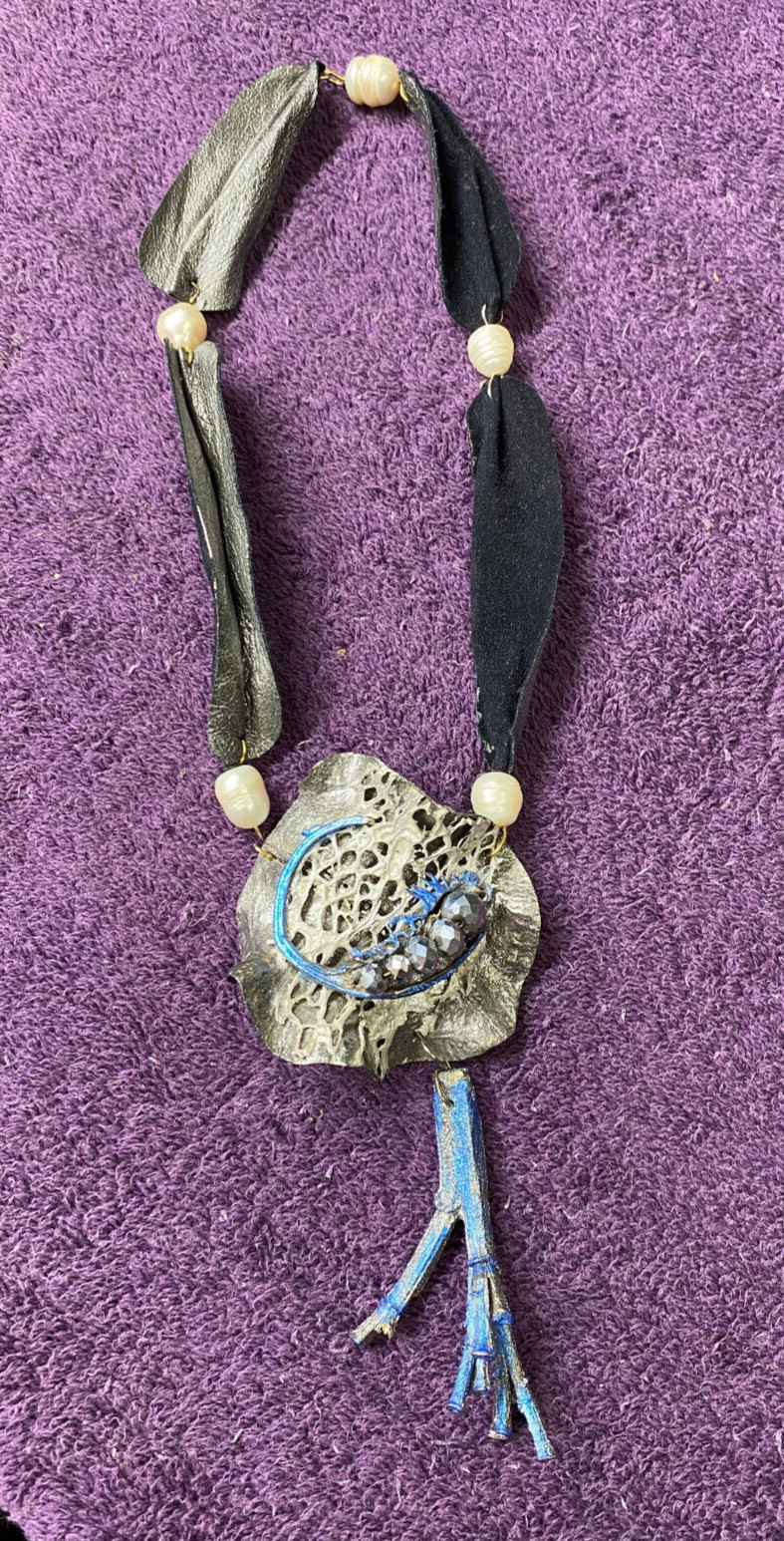 South American Art Felt Necklace Art-to-Wear faberic , net , and faux pearls