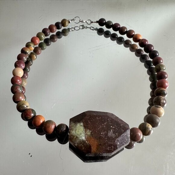 Choker Necklace Sterling Silver Picasso Jasper Chrysoprase Gemstone Handmade