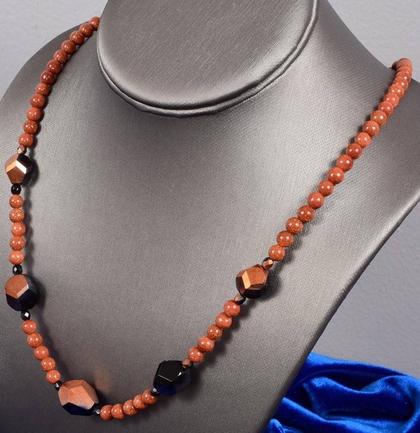 21″ Orange Goldstone Aventurine & Black Jet Glass Beaded Copper Necklace