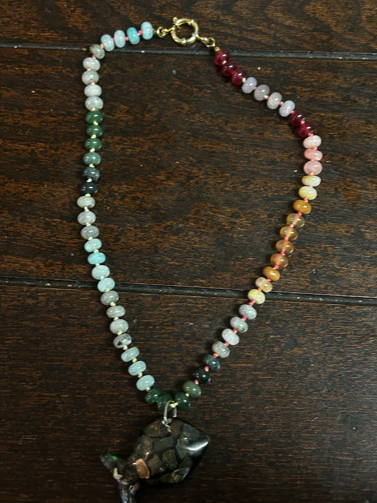 Multi Gemstone Necklace With Fish Shaped Opal And Resin Pendant
