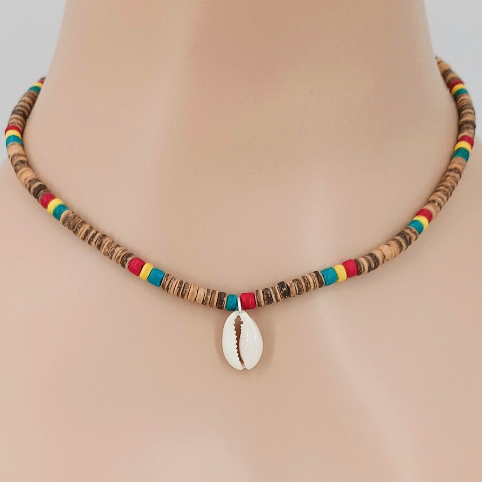 Cowrie Shell Pendant Rasta Coconut Beads 18″ Necklace JAH Reggae Jamaica 7001-63