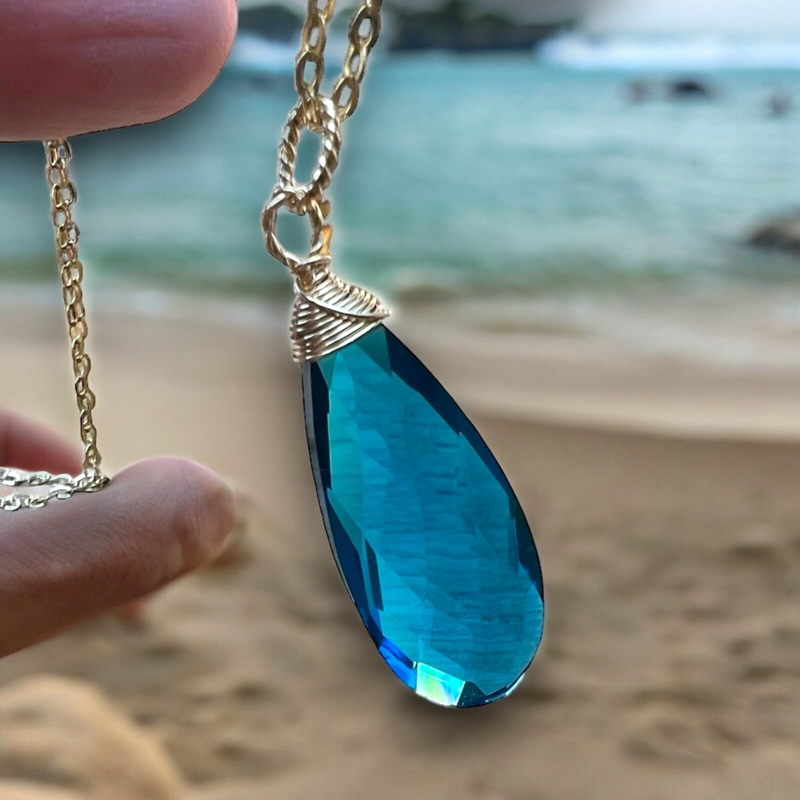 Gorgeous Glowing Lab Made Neon Blue Apatite Pendant in 14k Gold Filled, Handmade