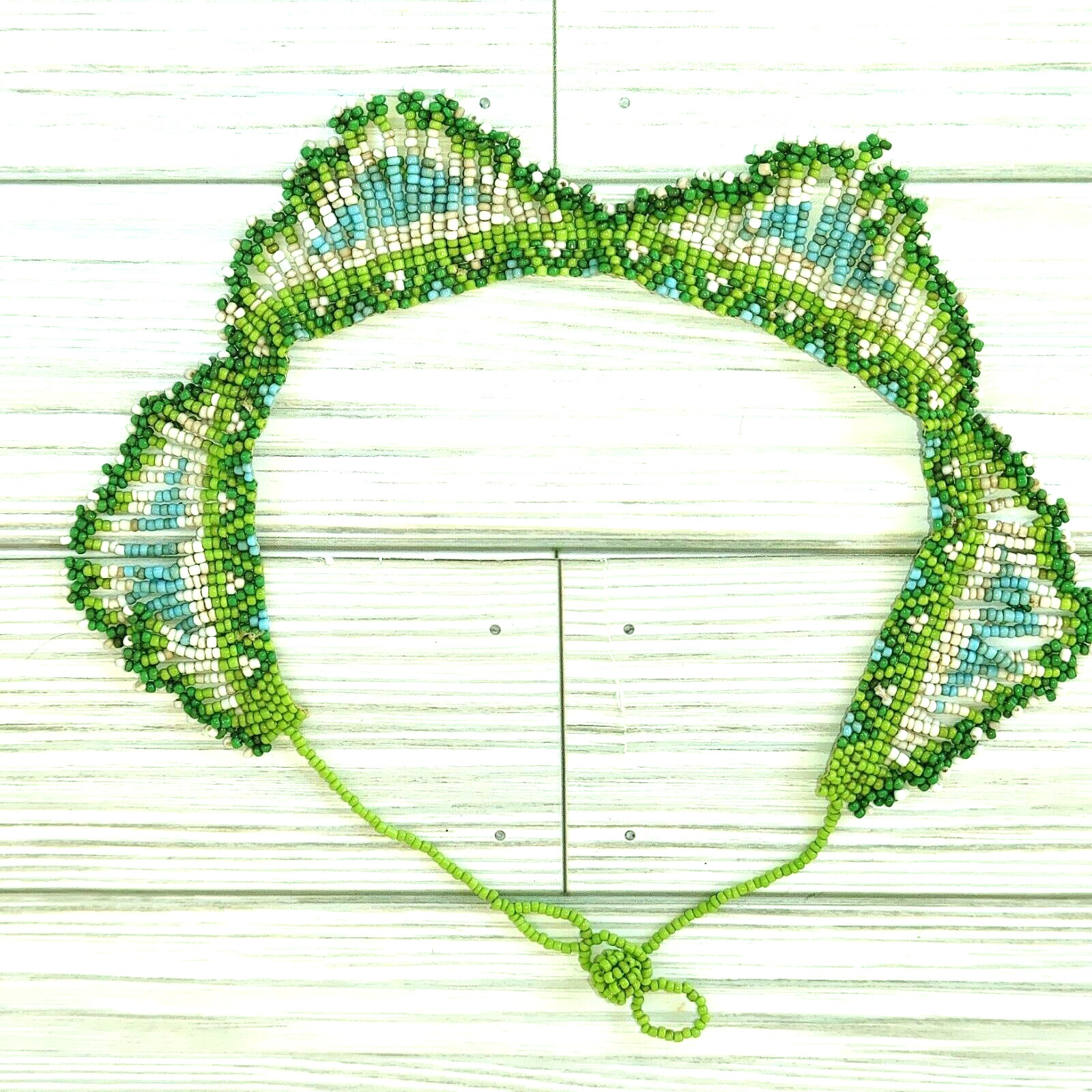Seed Bead Indian Style Choker Necklace Green 12″ to 18″ Adjust Scalloped Fringe