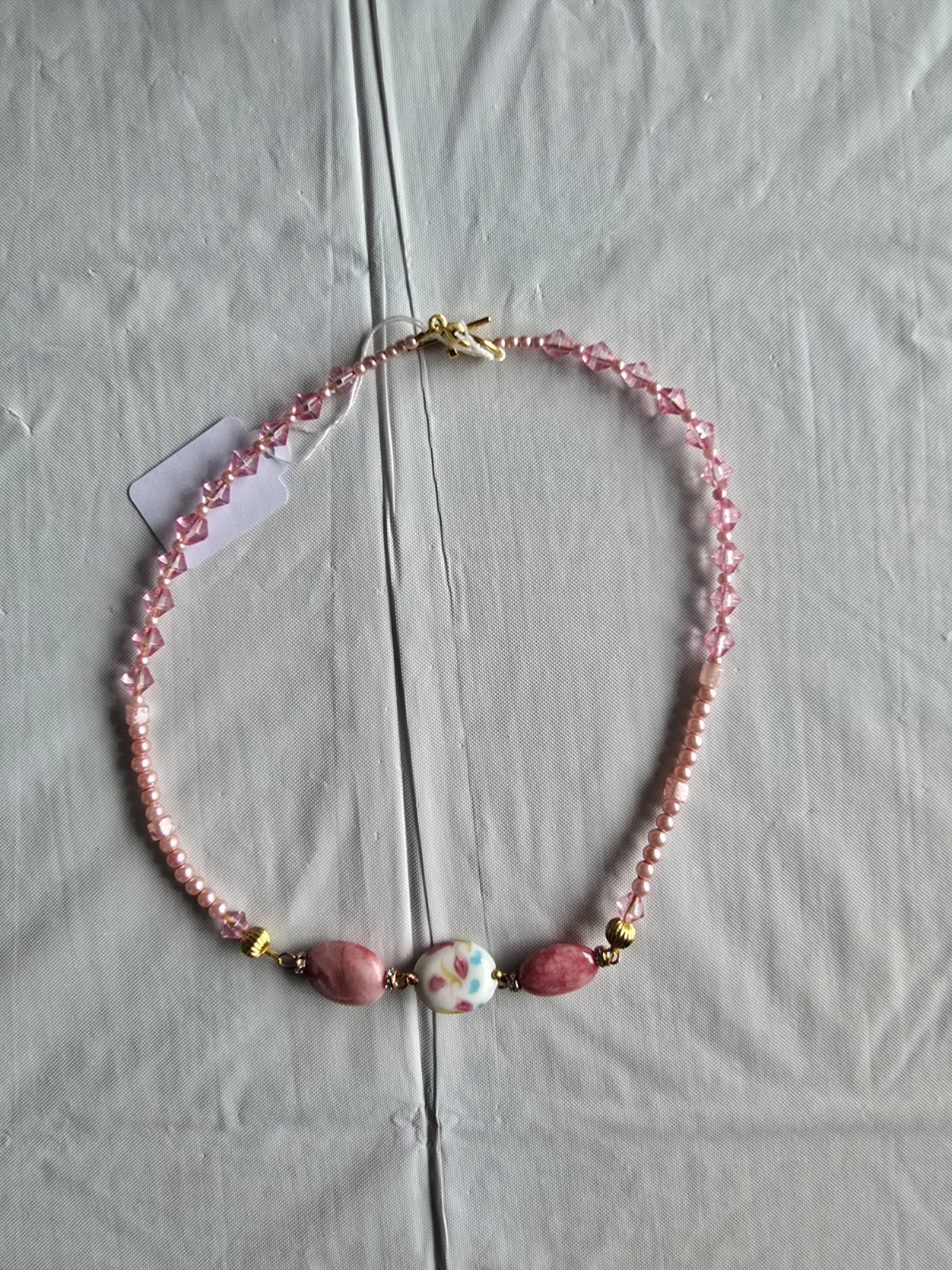 Pink & Blue Floral Beaded Necklace, 17 ½” Length / Handmade Costume Jewely