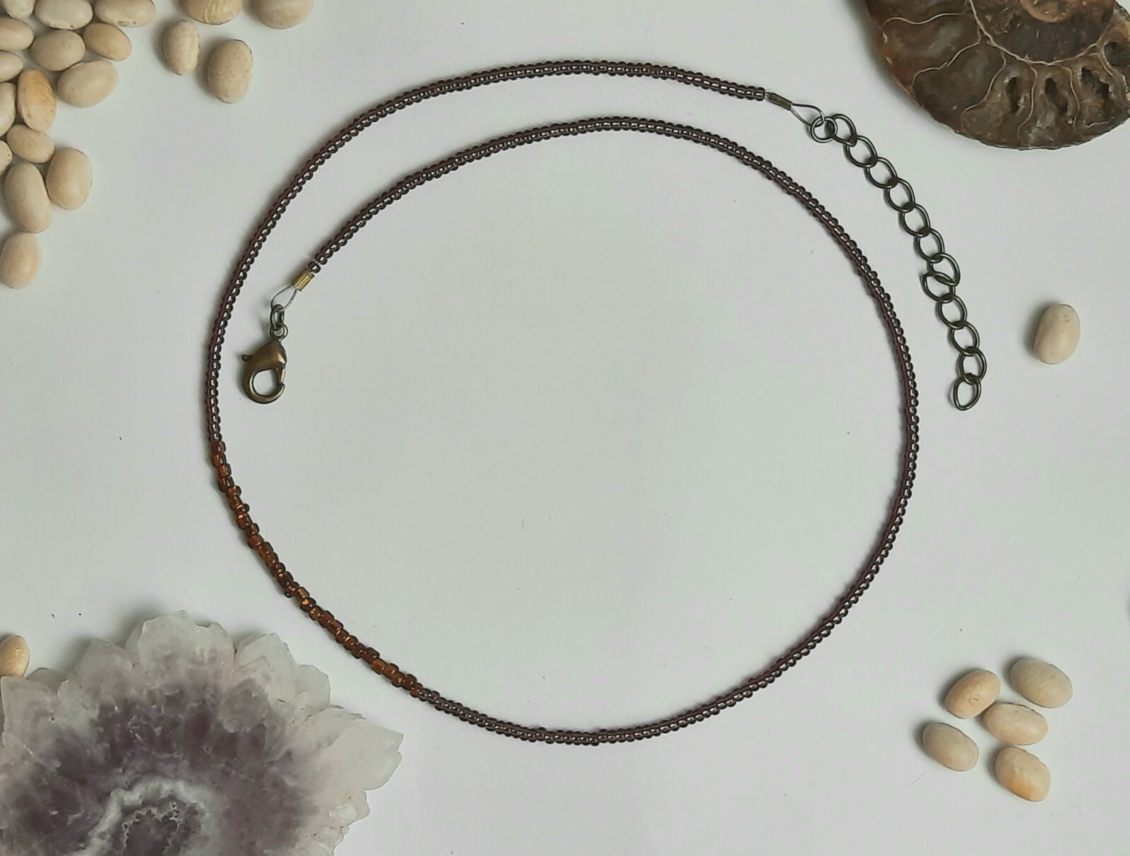 Micro Glass Seed Beaded Choker/Necklace – Purple w/ Brown Accent