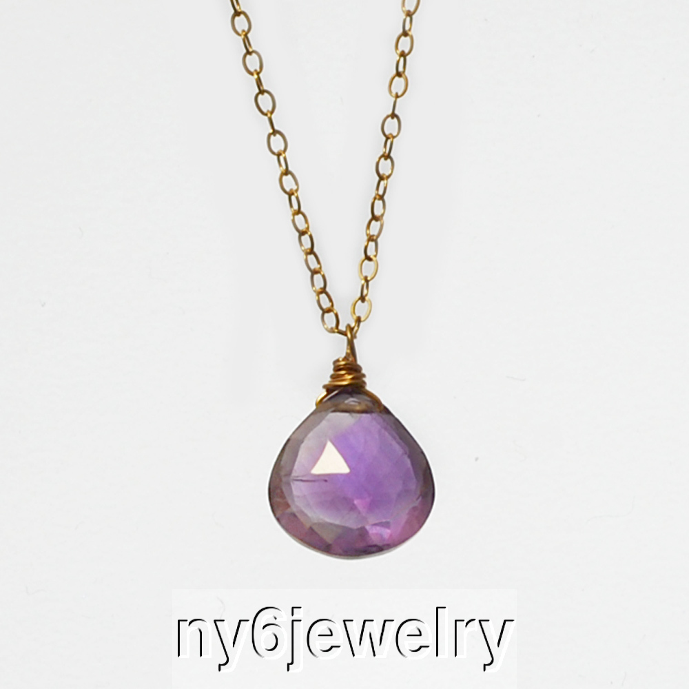 Natural Genuine Purple Amethyst Drop Pendant 14K Gold Filled Chain Necklace 17″