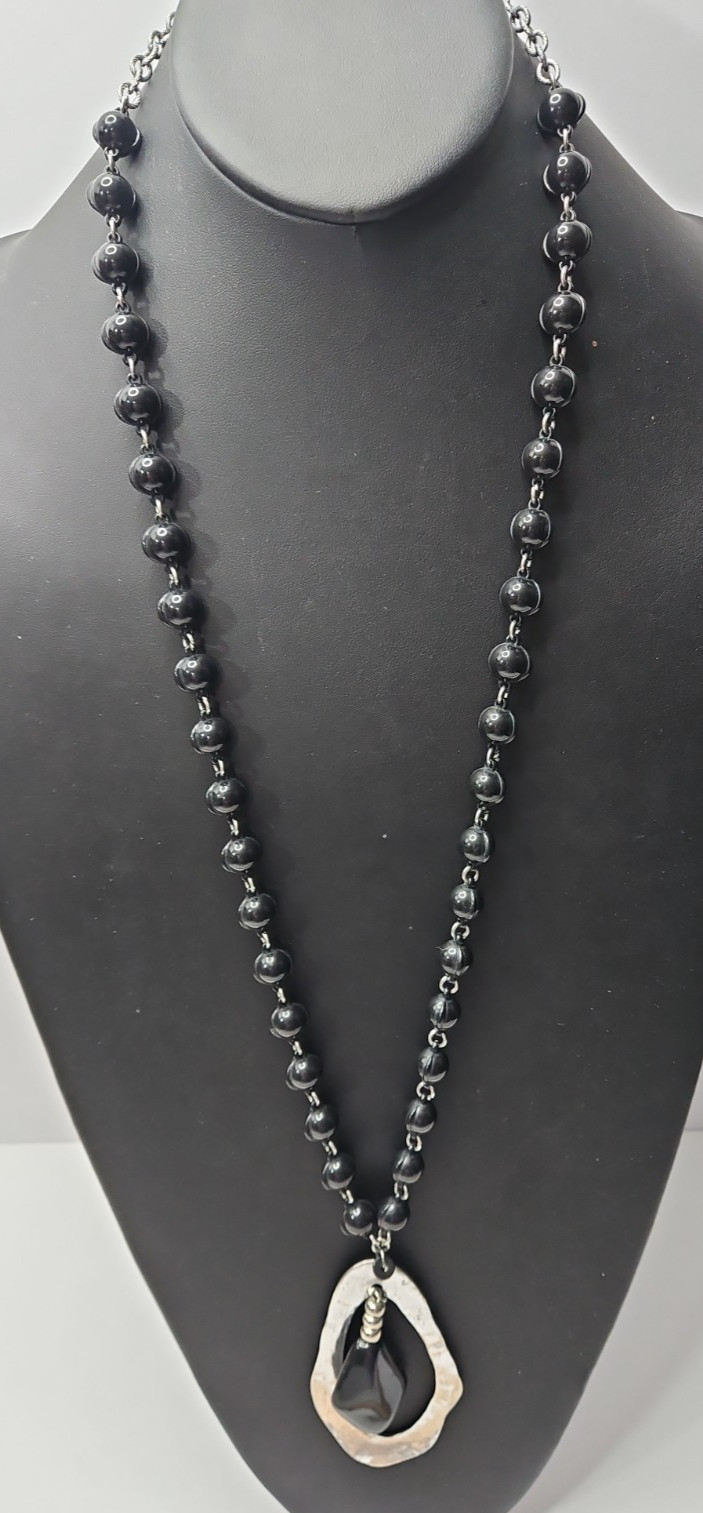 Black Bead Necklace Artisan Style Black Spheres Silver Pendant