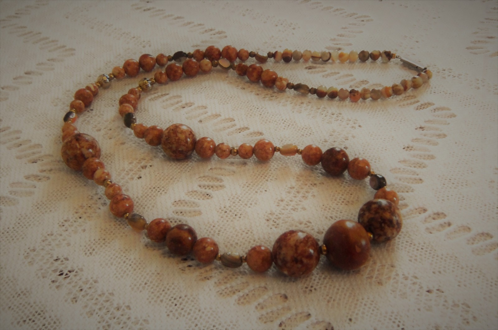 Jasper Agate MOP Abalone Beaded Necklace w/Tiny Brass Spacers 25″