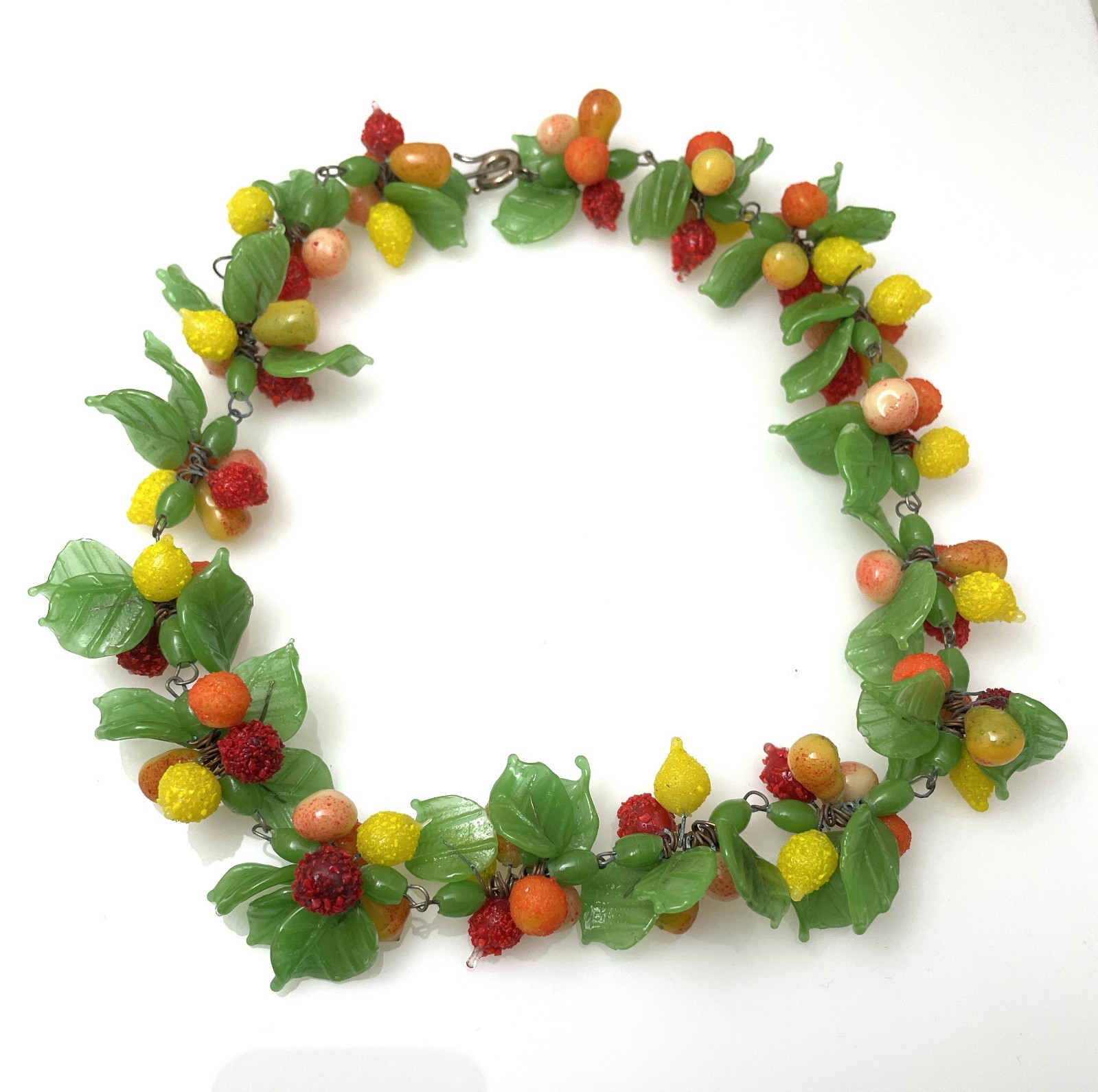 Vintage Italy Glass Fruit Salad Hand Wired Necklace, Lemon, Pear, Orange, Apple