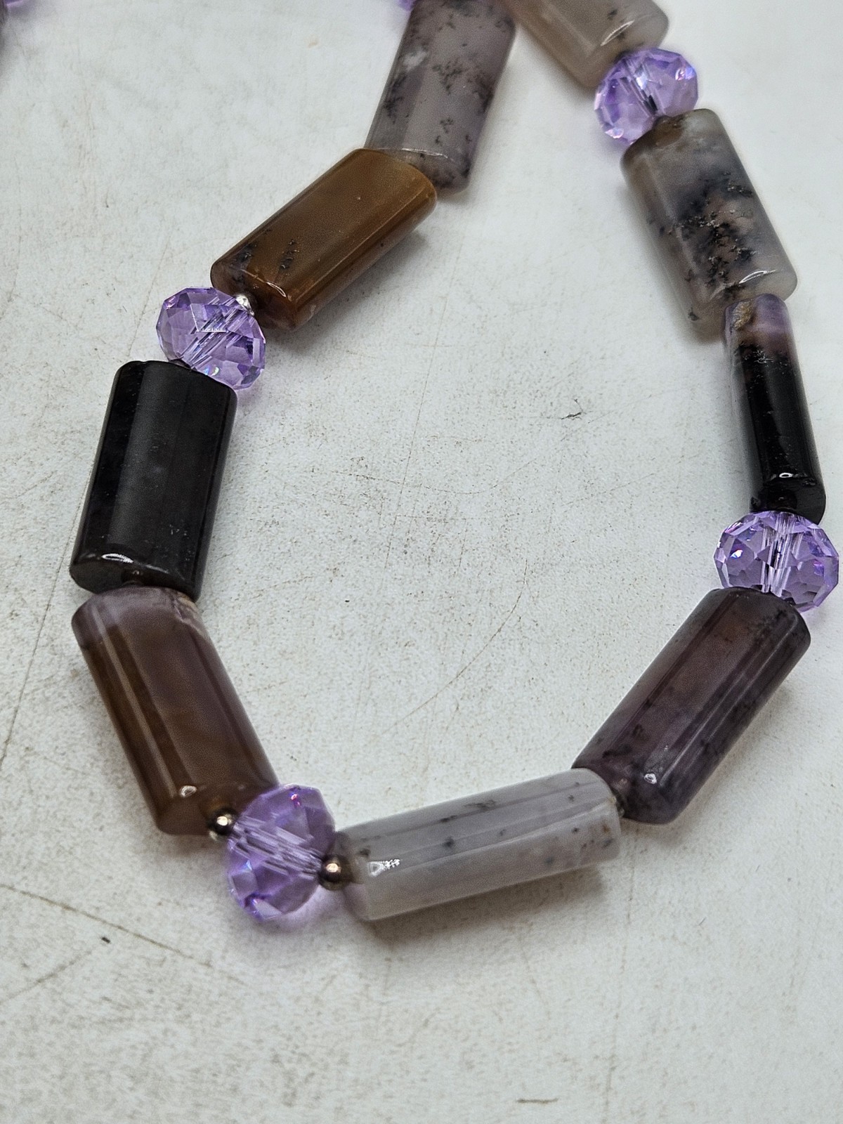 Hand Crafted Agate Or Charoite Beaded Necklace W/ Faceted Purple Crystal Spacers