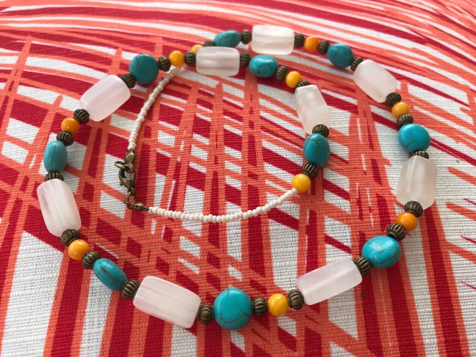 Handmade Necklace of White Italian Onyx, Turquoise Magnesite and Orange Shell