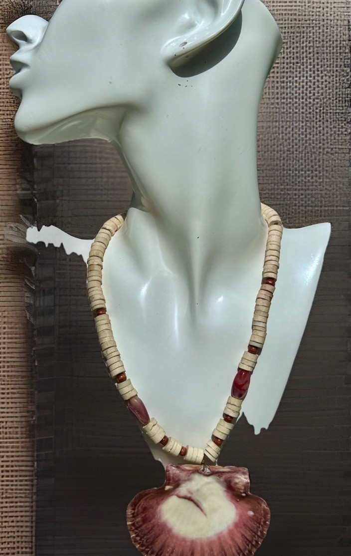 Handmade Purple Scallop Shell Pendant Necklace with Heishi & Stone Beads