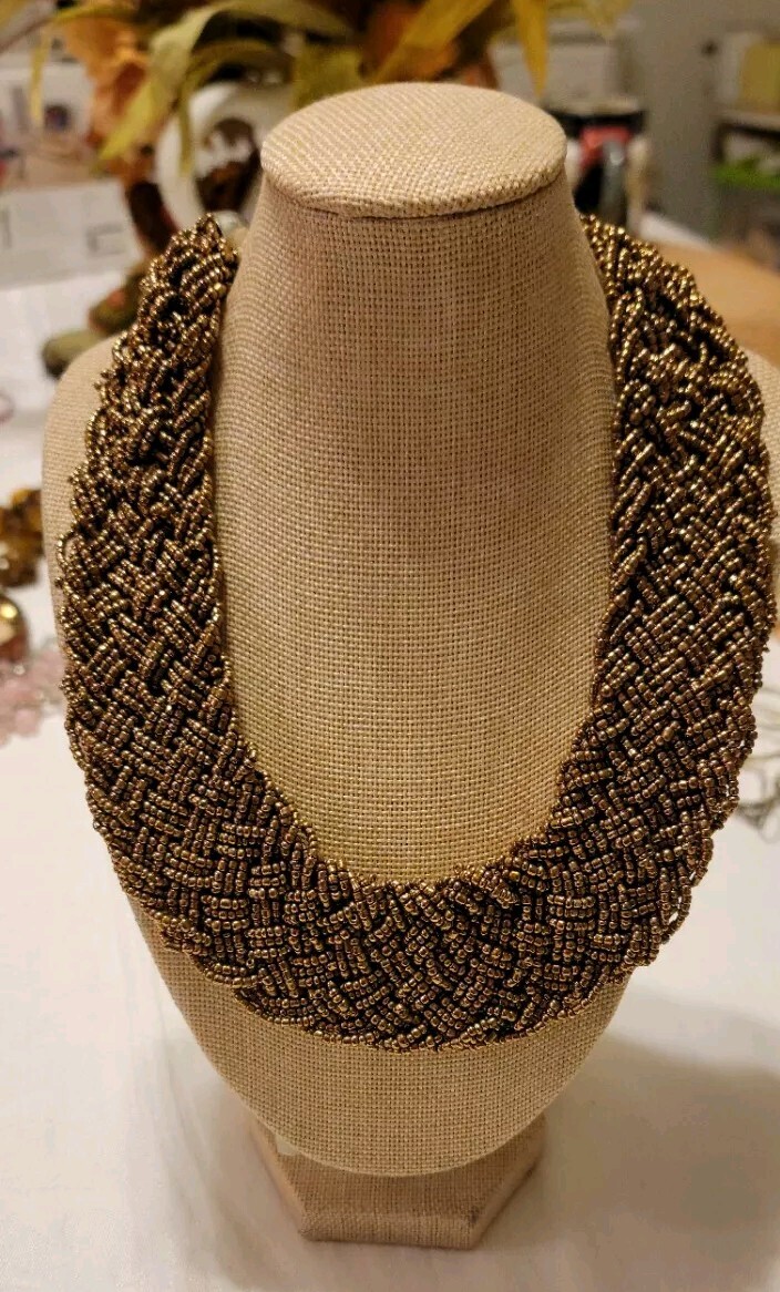 Chinni Puti Bib Choker Necklace Braided Metal Seed Beads Gold Tone Vtg 80s Punk