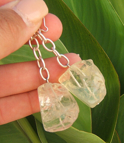 YELLOW PINEAPPLE LEMON ROUGH QUARTZ Drop Dangle Lg EARRINGS silver or gold CHAIN