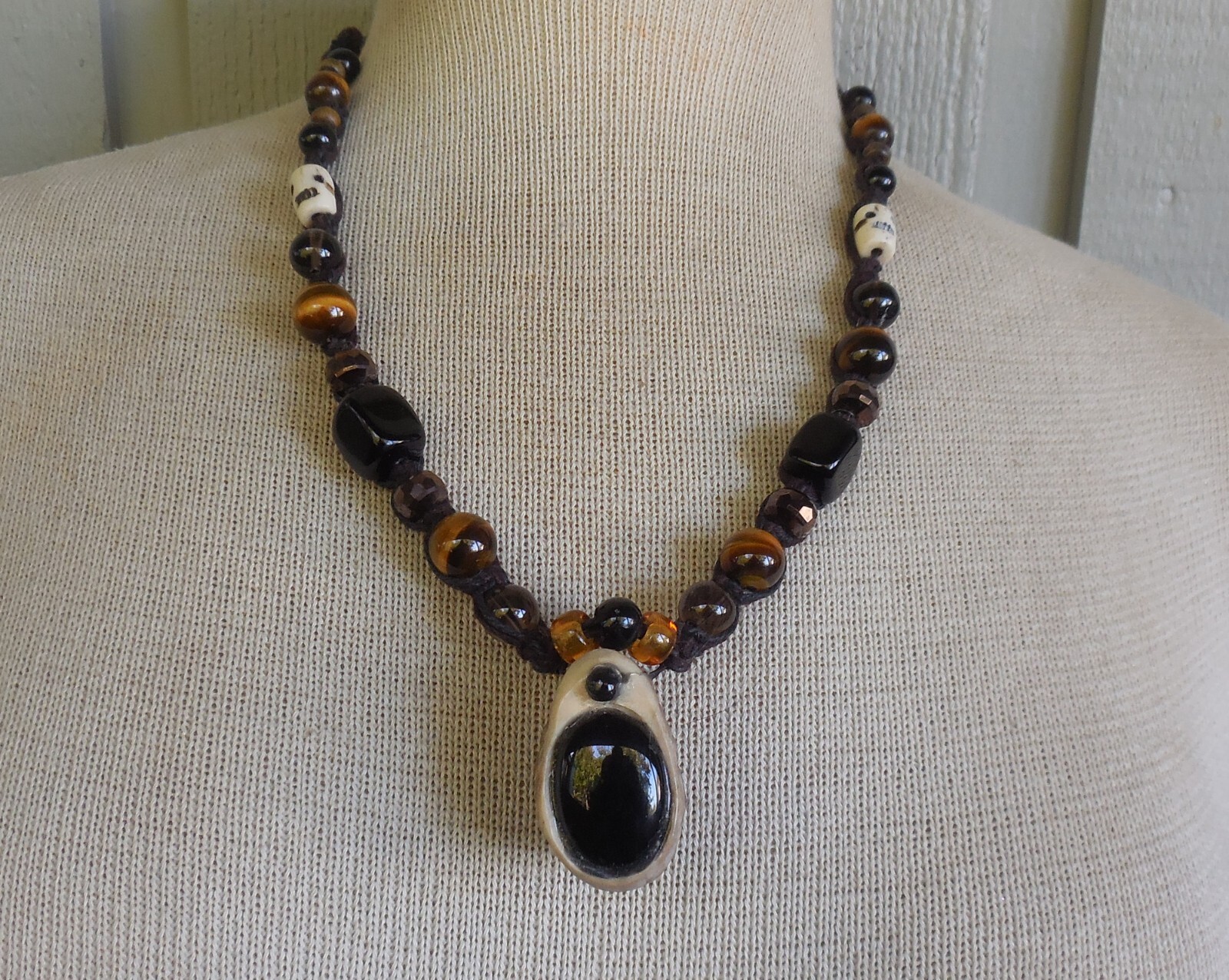 Secret Stash Onyx Antler Hemp Adjustable Necklace Tigers Eye Smoky Quartz Beads
