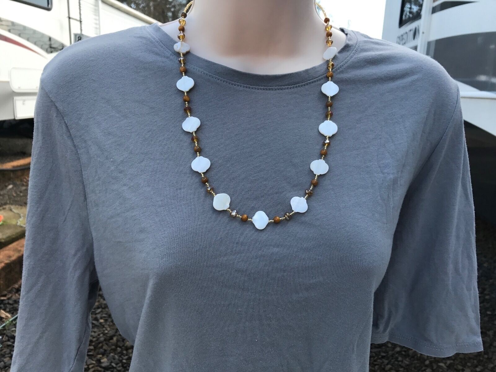 Necklace White and Brown Mother of Pearl Shell and Champagne Yellow Glass Beads
