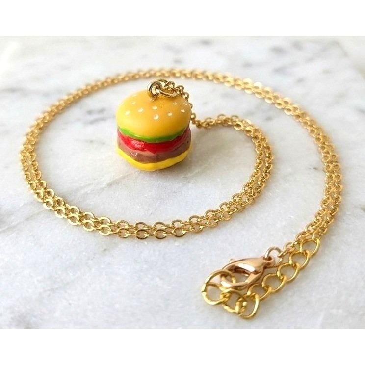 Handmade Necklace Gold Toned Stainless Steel Burger Pendant 24″ Chain