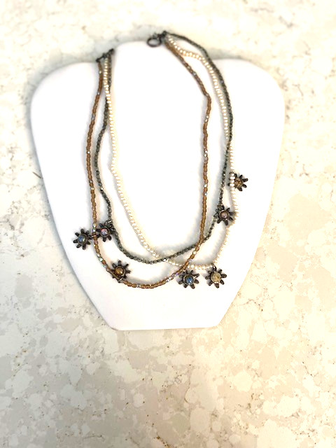 ONE OF A KIND WHITE SEED PEARL , CRYSTAL BEADS NECKLACE WITH ROMAN GLASS SS