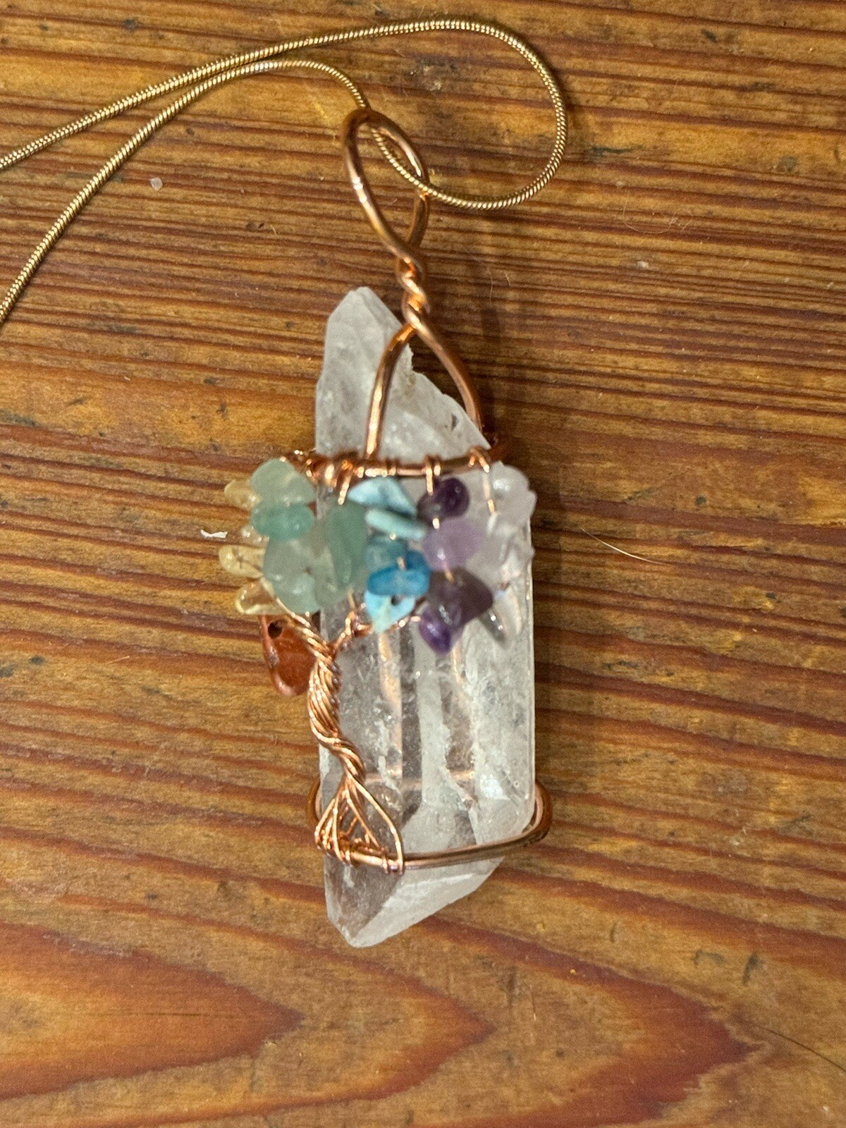 Quartz Crystal and Wrapped Copper Wire Pendant w/ Semi Precious Stones on Chain