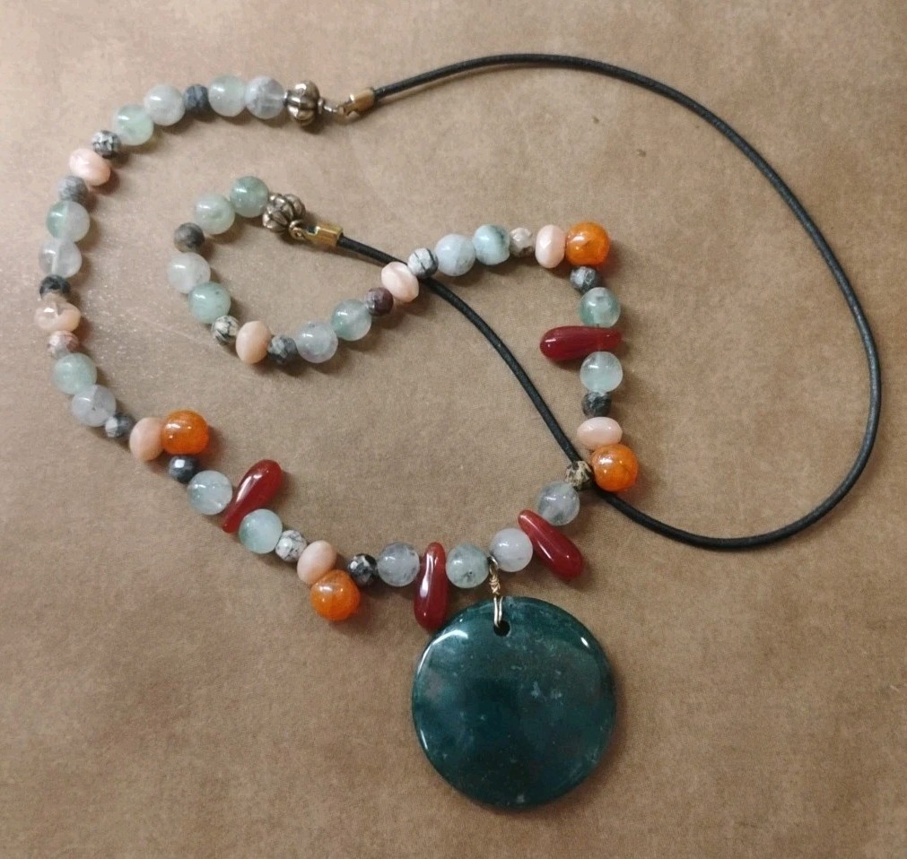 Round MOSS AGATE Pendant and Real Natural Stone Beads on 26″ Leather Necklace!