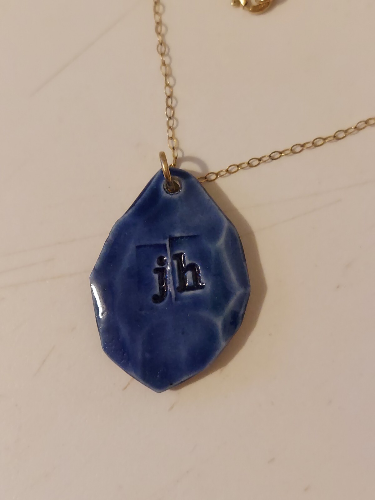 Handmade Blue Glazed Ceramic Pendant On 1/20 14k Gold Filled 24 Inch Chain