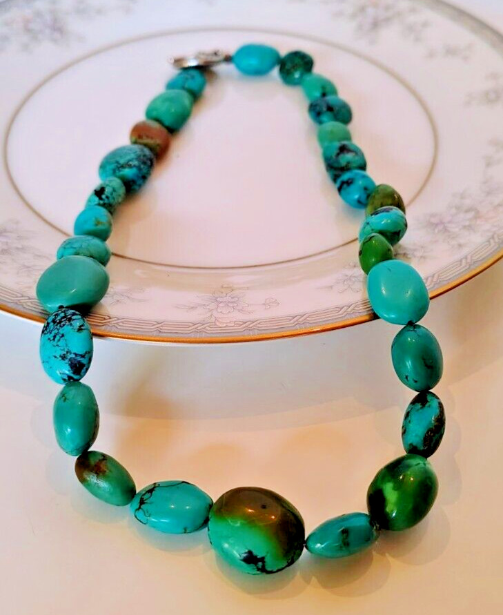 Natural Tibetan Turquoise Bead Necklace Nepal Jewelry 16 in