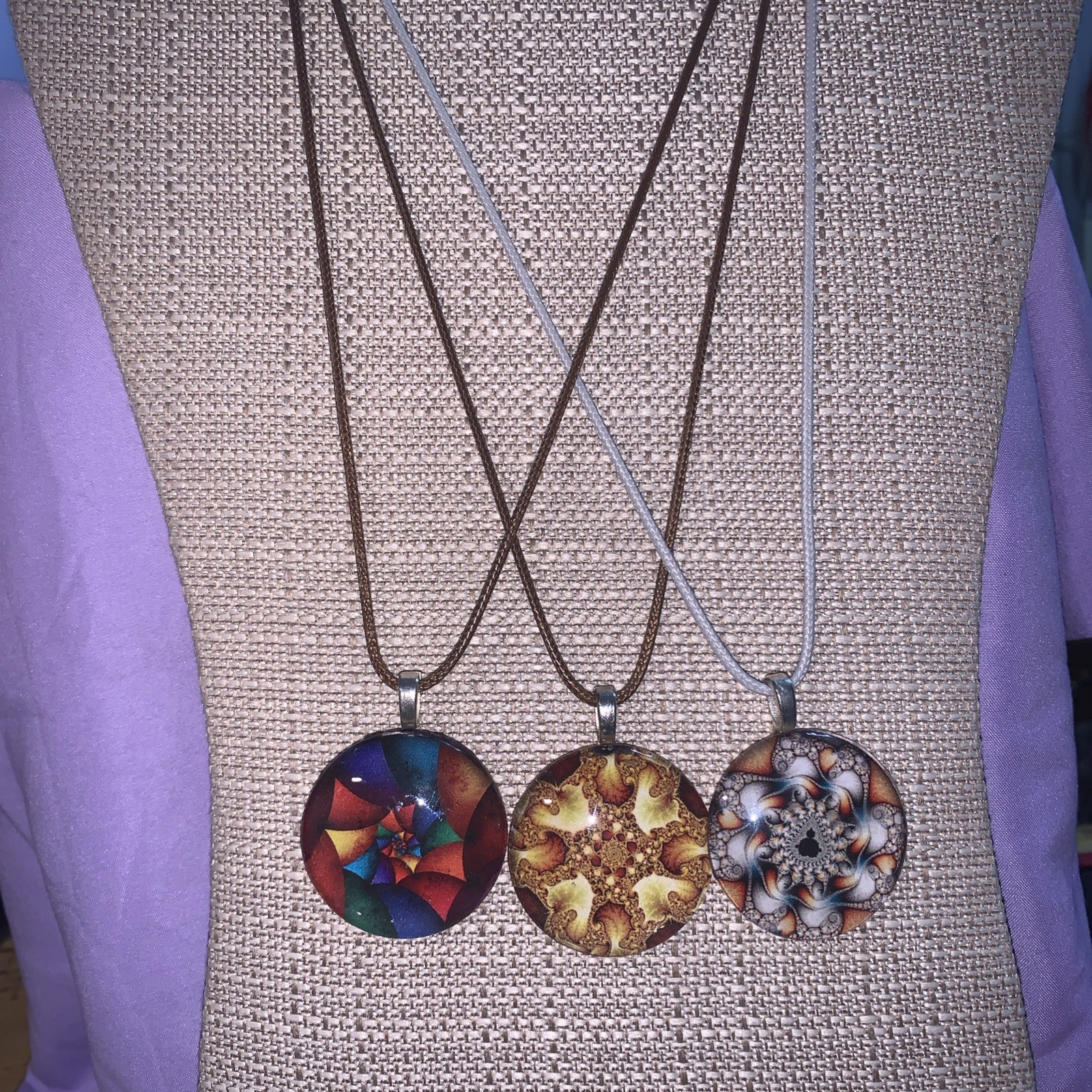 3 Lot Pendant Necklace Glass Cabochon Artisan Handmade Abstract Retro Designs
