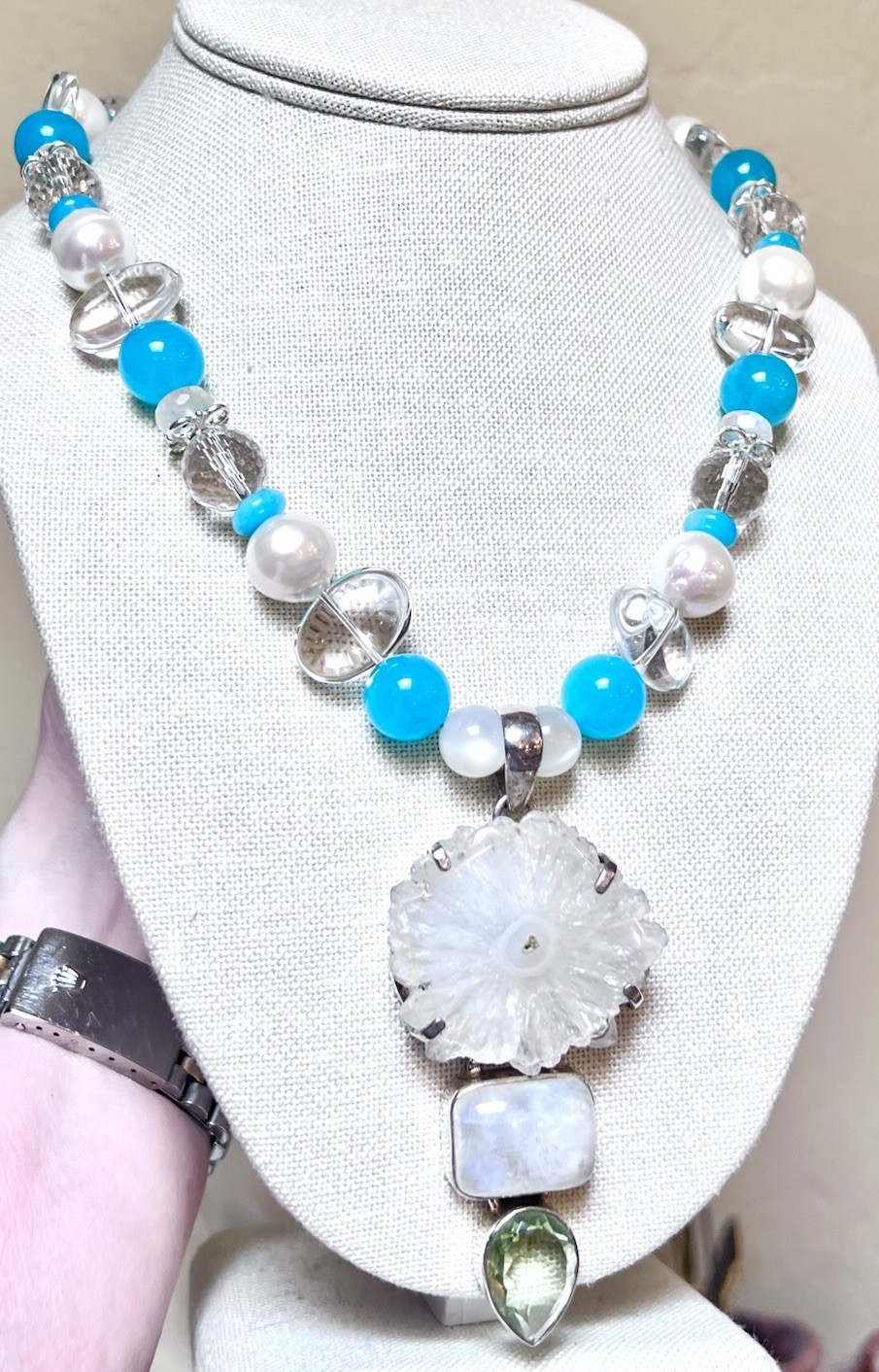 LOVELY Sterling Silver White Agate Druzy, Moonstone, Amazonite, Pearl Necklace