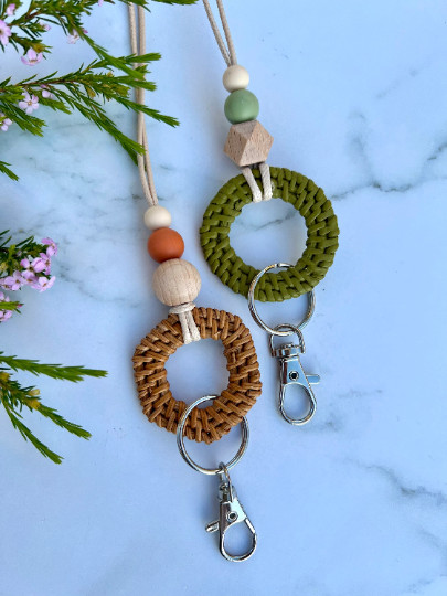 Rattan Wooden Lanyard Teacher Silicone Beaded ID Badge Holder Name Tag Gift