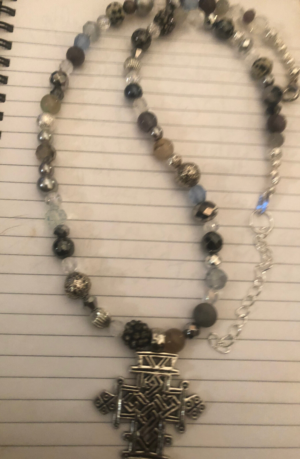 Retro Antique Silver Gothic Filigree CROSS pendant Gray Jasper Crystal Necklace
