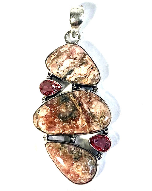 Rhodochrosite & Pink Topaz 5 Gemstone Handcrafted Pendant 18.5 grams 2.8″