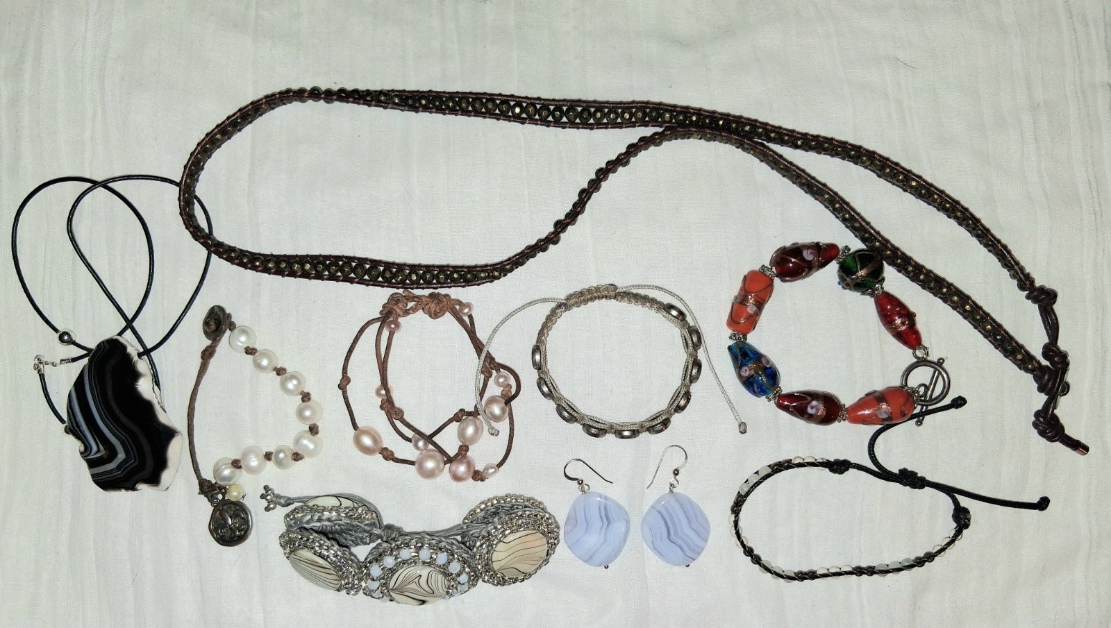 Lot Of Jewelry Agate Pearl Leather Blown Glass