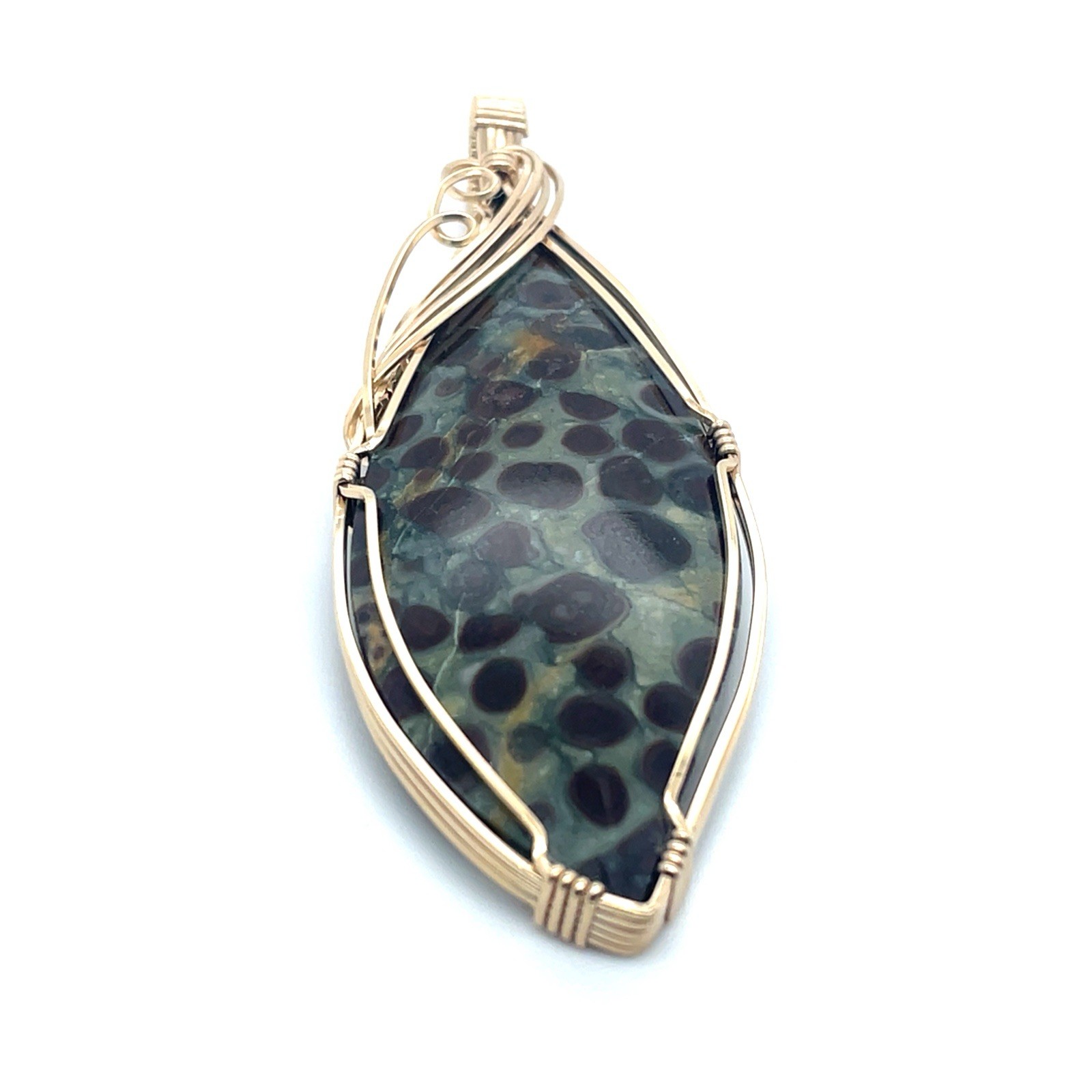 14k Yellow Goldfilled Wire Wrapped Spotted Agate Unique Shape Pendant Jim Fowler