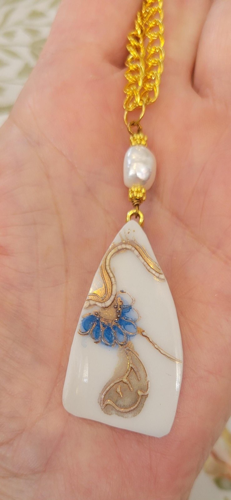 Antique Broken China Blue Flower Gold Leaf Pendant Necklace with Baroque Pearl