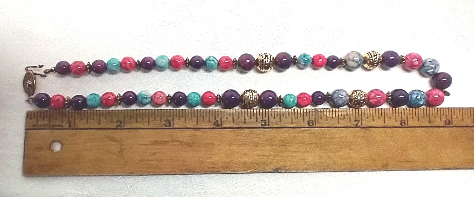 Aqate GemStone 9″ Necklace Multi Color Stone Beads Gold Accents Purple Pink