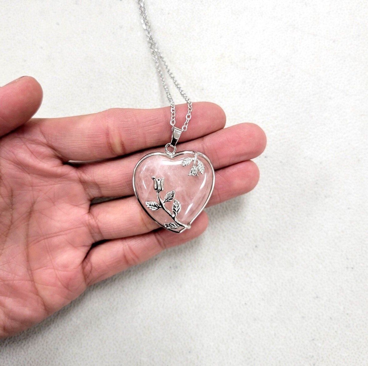 Rose Quartz Crystal Heart Necklace Charged Natural Healing Gemstone Jewelry