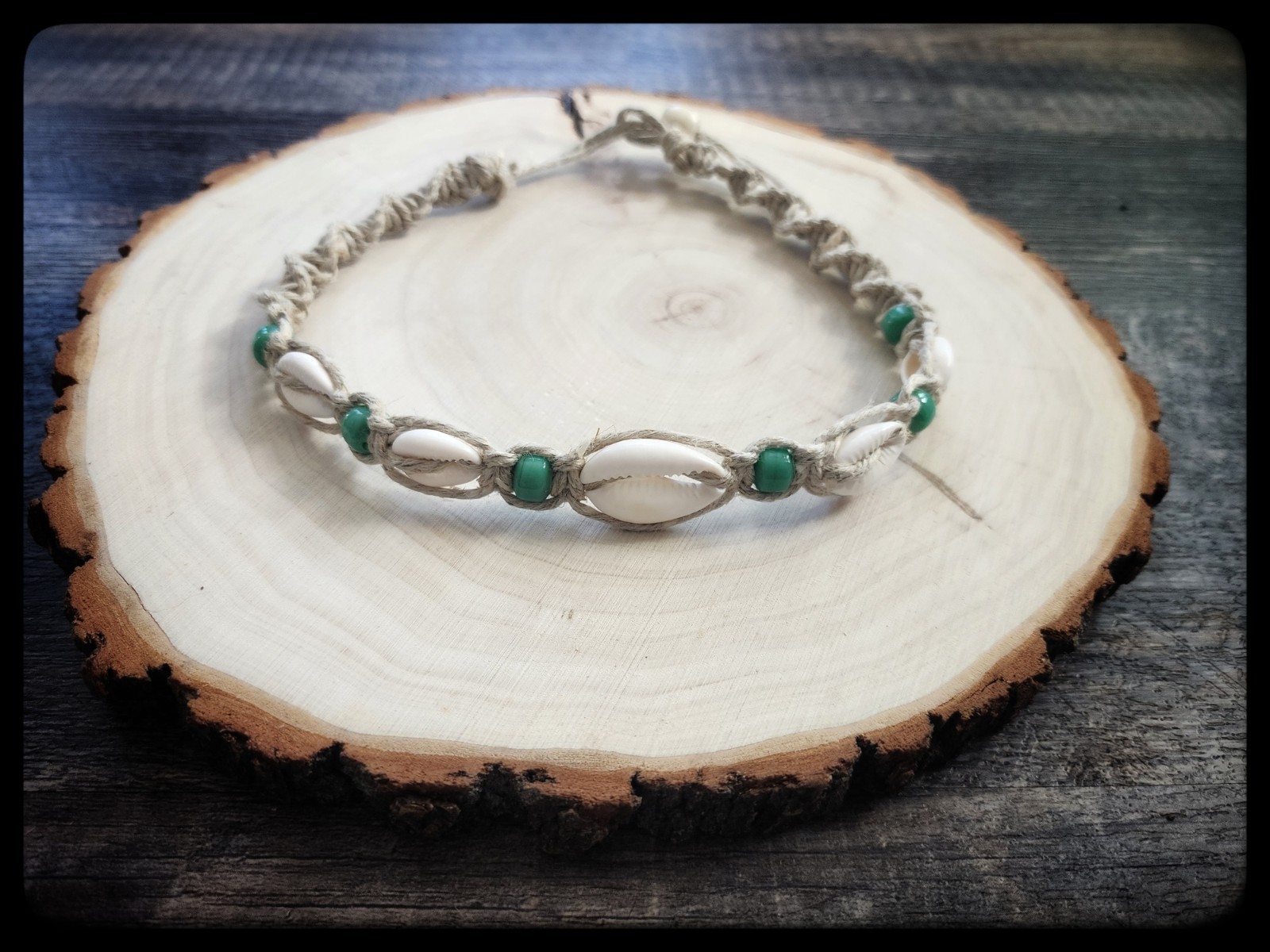 Cowrie Shell Hemp Necklace / Choker with Green Glass Beads
