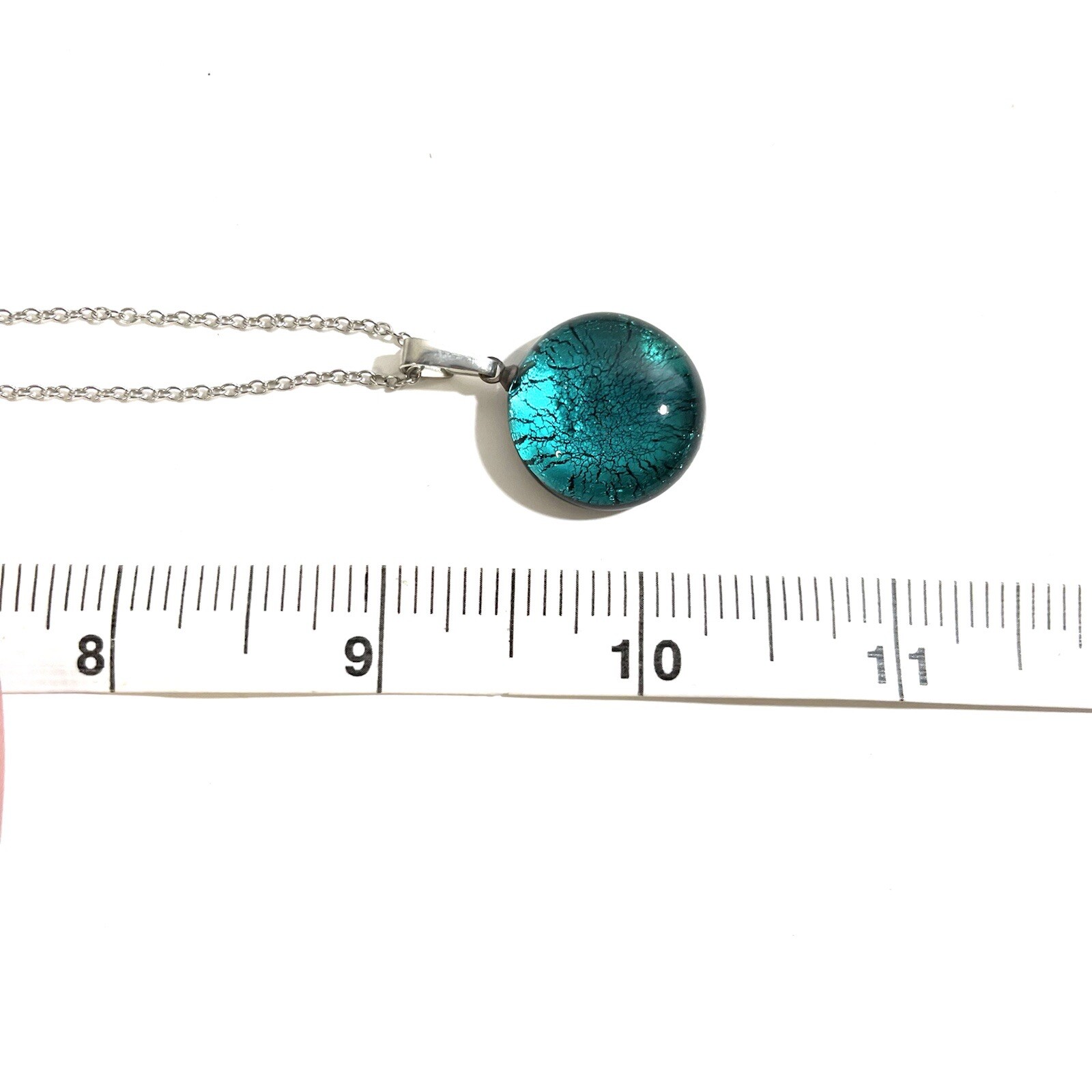 Turkish Handmade Silver Chainlink Round Glass Pendant Necklace Charcoal Gray 18″