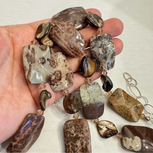 Natural Gem Ocean Jasper Shell Beads 925 Sterling Silver Necklace 24-27″ Jewelry