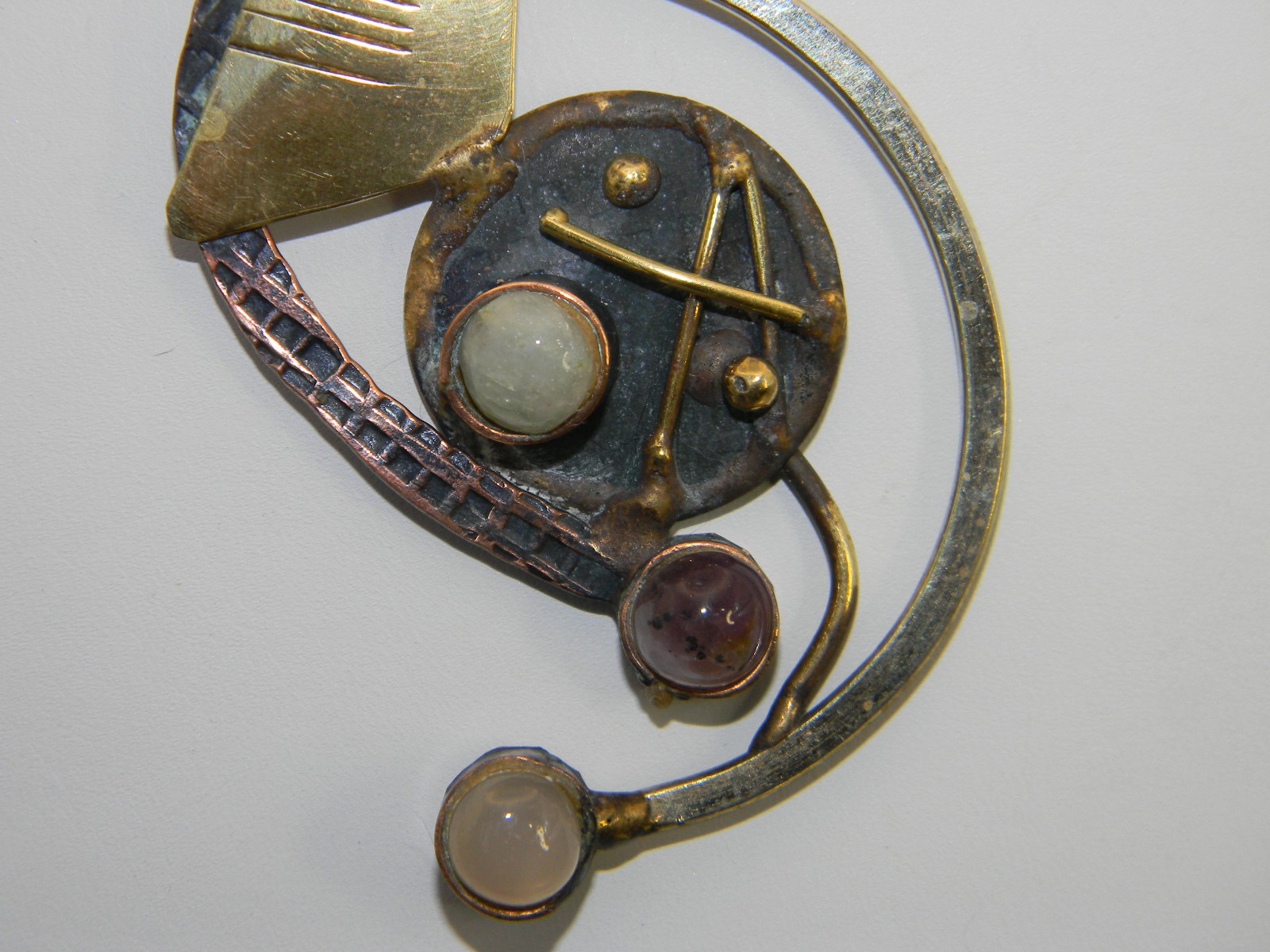 Large Brass, Copper and Quartz Modernist Design Pendant on 925 Chain Necklace