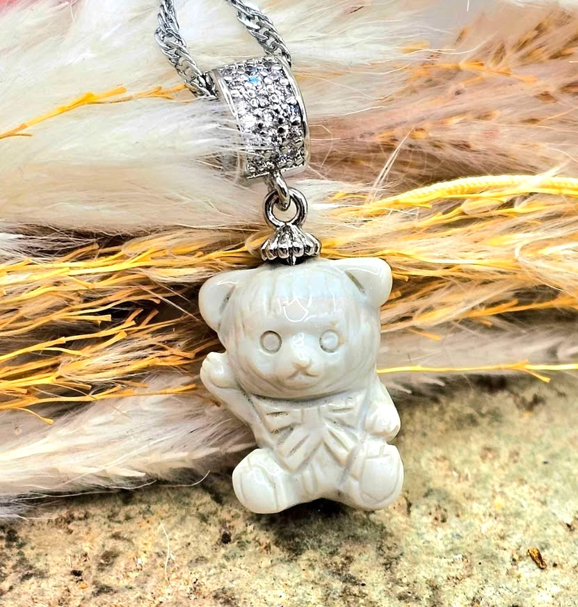 Nature Alashan Agate Hand Carved Bear Pendant Necklace