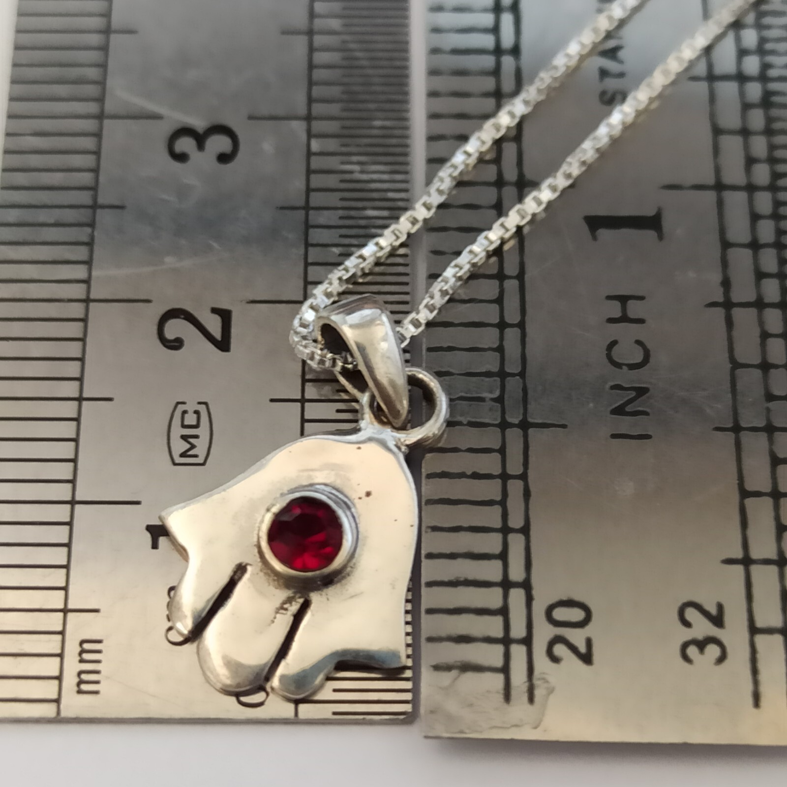 Hand of Fatima Silver Necklace Hamsa Modernist Minimalist Garnet Red Small 925