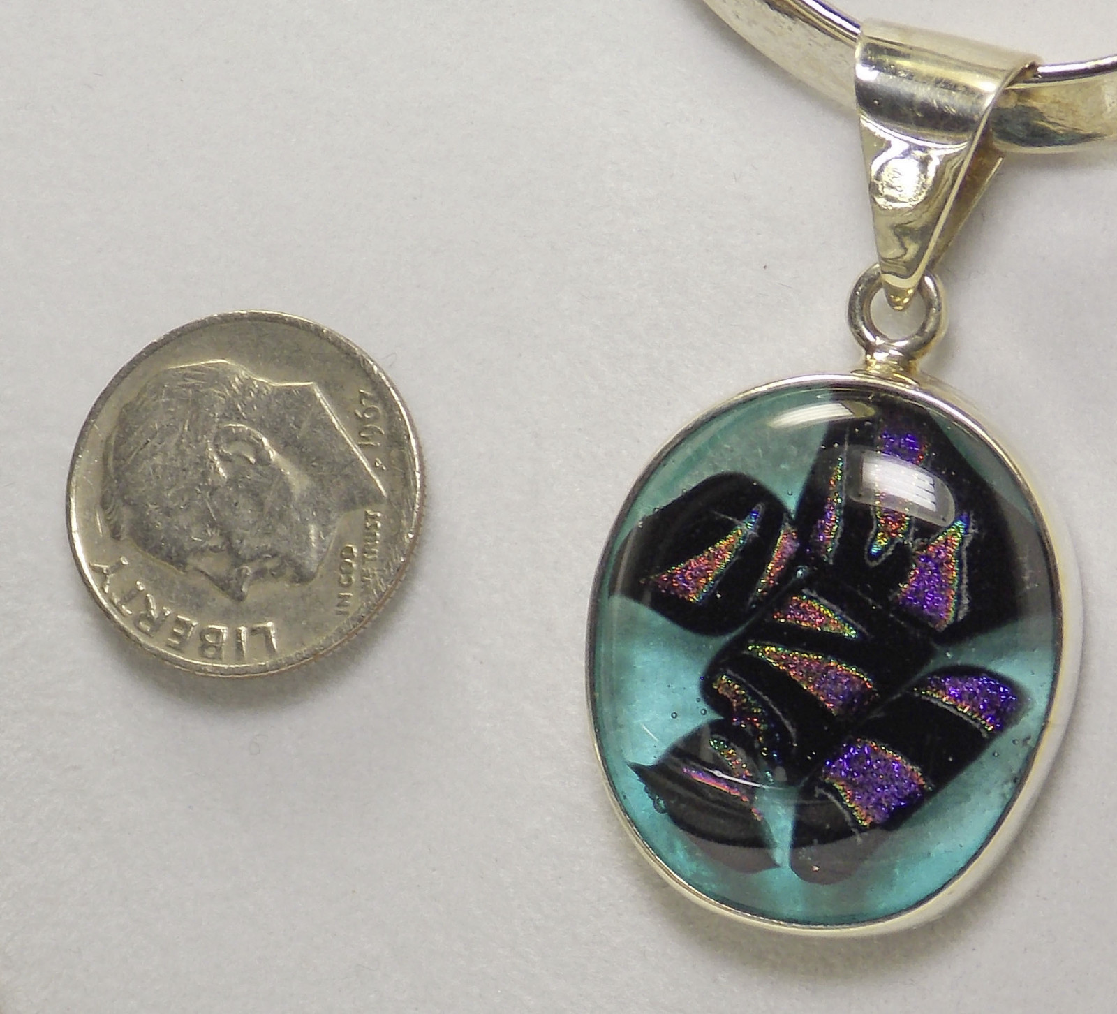 New Shanti-Wear Sedona Dichroic Glass Aqua Purple 925 Sterling Silver Pendant