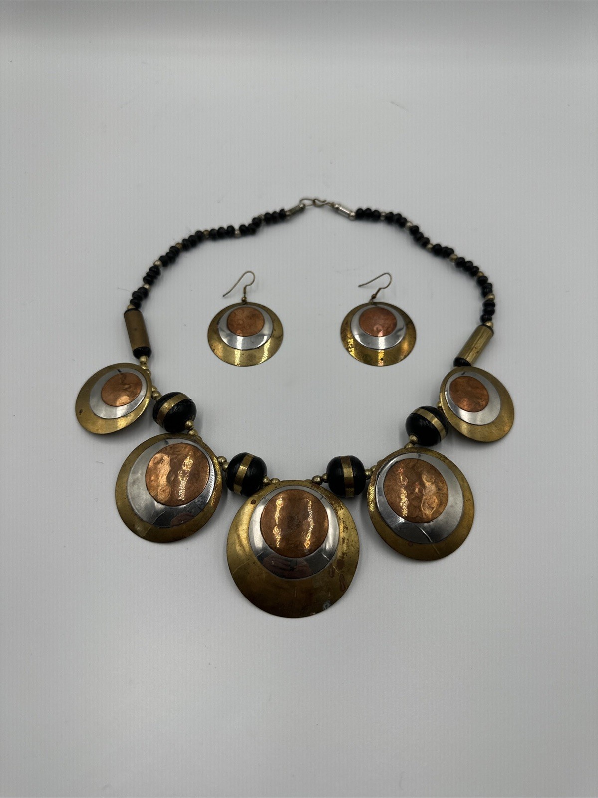 Vintage Hammered Metal Necklace Retro Copper Brass Silver & Earrings Boho MCM