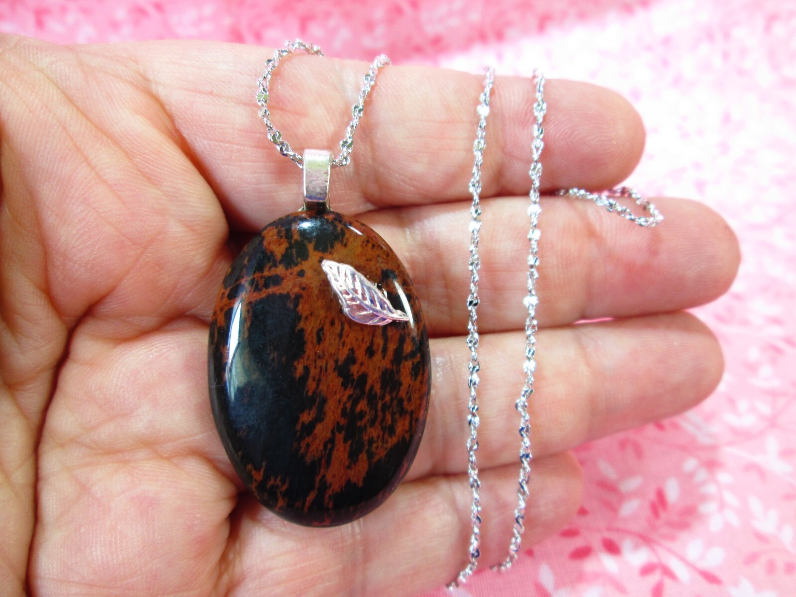 Mahogany Obsidian & Charm Pendant w/ 18″ Silver Plated Serpentine Twist Chain /R