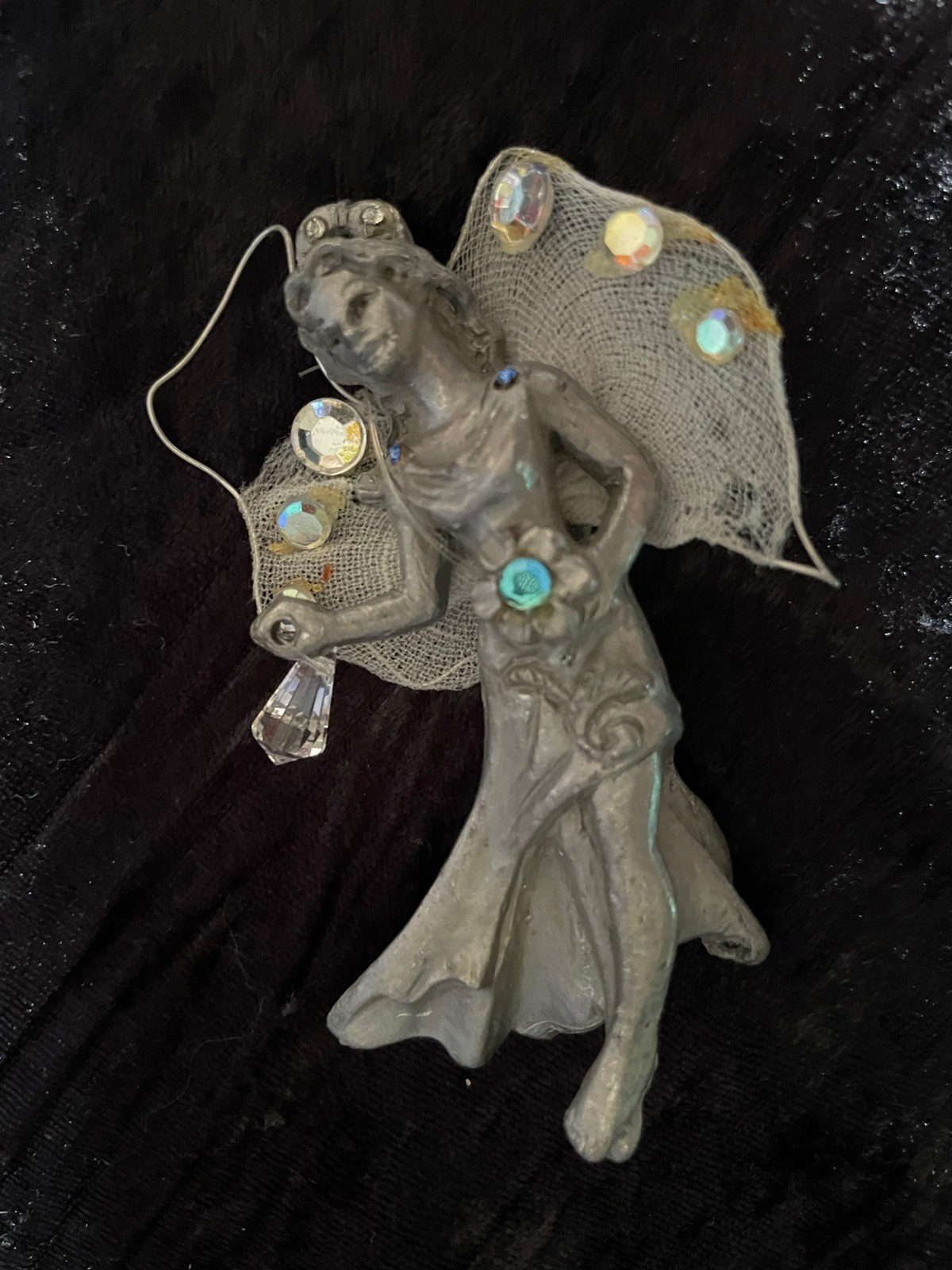 Vintage Cast Pewter Large Fairy Pin/Pendant Beautiful Angel Wings Crystal RARE